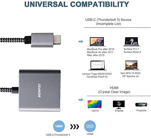 Адаптер BENFEI USB-C-HDMI адаптер USB Type-C-HDMI [Thunderbolt 3] е Съвместим с MacBook Pro 2020/2019/2018,