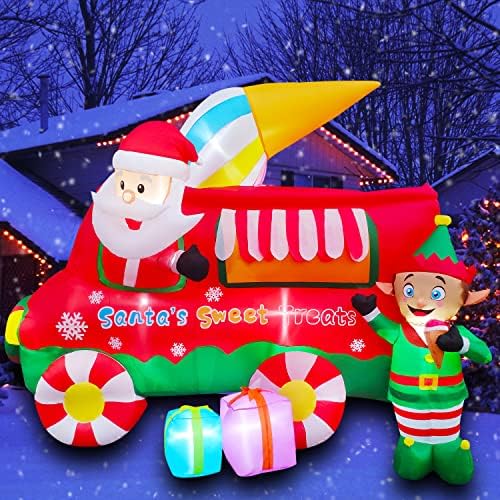 SEASONBLOW Надуваем Коледен Камион За Сладолед, Декорация с Дядо Коледа, Елф, Подаръчни Кутии, Декор, Led Светлини