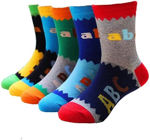 Cczmfeas Дебели Чорапи За малки момчета Памук Цветни Чорапи ABC Comfort Crew 5 Чифта В опаковка