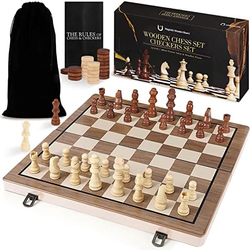 Комплекти за шах - 15-Инчов Дървена Настолна игра с магнитни шах и пулове с 2 допълнителни фигури на Кралицата