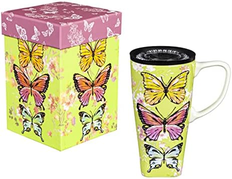 Керамични пътна чаша Evergreen FLOMO 360, 17 унции, в кутия, пеперуди