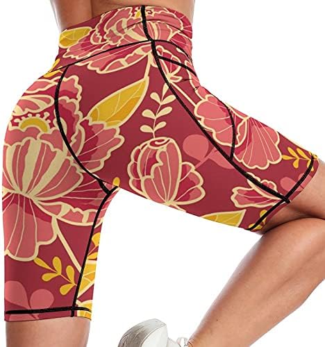 Къси панталони за Йога Розов цвят със Златни и Червени цветове, Дамски Спортни Панталони с висока талия