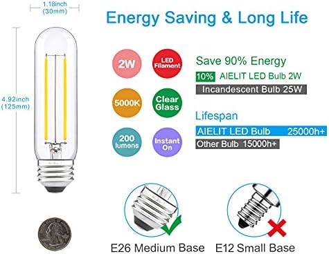 AIELIT 4 Комплекта led лампи с мощност 6 W T10 E26 /Т8 E12, Комплект led крушки с регулируема яркост, Еквивалентна