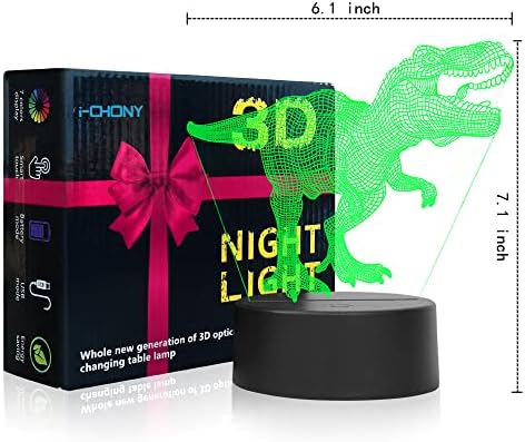 Лека нощ с Динозавром за деца, Настолна лампа с 3D илюзия Тираннозавра, 7 цвята, Постепенно се Променя Коледна