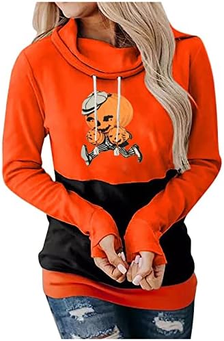 Дамска Мода Хелоуин Hoody Пуловер Цветен Блок Тиква Разпечатки С Дълъг Ръкав Пуловер С Качулка Туника Блузи
