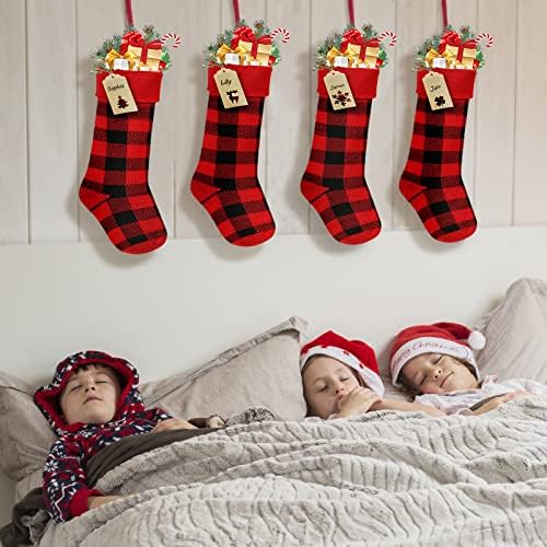Коледни Чорапи с регистрирани бирками, Комплект от 4 Трикотажни Коледни чорапи 18 инча, Коледни Чорапи, в клетка