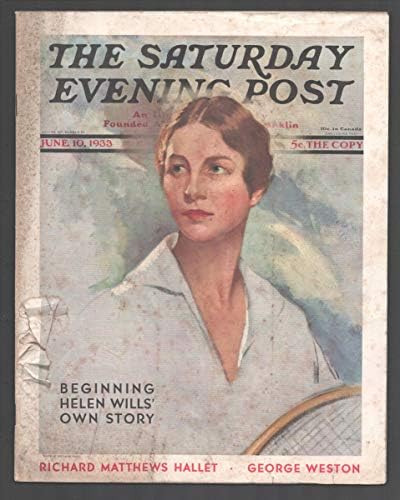 Saturday Evening Post 6/10/1933 -Тенис на корица Хелън Уилс Moody-Леополд Сейфферт -тръпката от целулоза - отлично