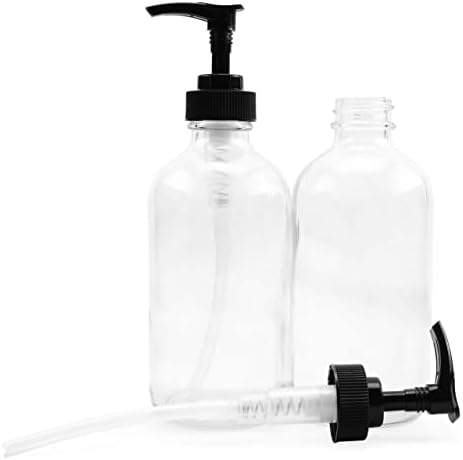 бутилки-малко шум от прозрачно стъкло с 8 унции (4 опаковки с черни пластмасови помпами), напълно подходящи за използване като бутилки за етерични масла, лосиони, доз