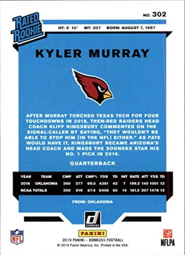 2019 Donruss 302 Kyler Мъри Аризона Кардиналс RR (Номинална новобранец) Футболна карта на NFL (RC - Карта начинаещ)
