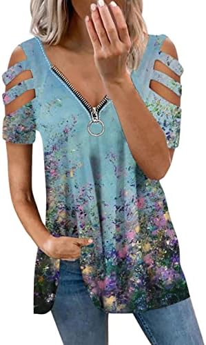 Тениска с Графичен Принтом и Цветисти Принтом за Момичета, Памучен Блуза с цип с Дълбоко V-образно Деколте и