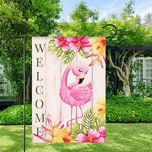 HOMFREEST Фламинго Добре Дошли Флаг Лятна Градина Тропически Розово Знаме на Птичия Двор 12x18 Инча Вертикална