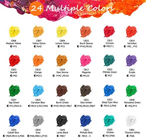 Комплект Акрилни бои Caliart От 12 Четки, 24 Цвят (120 мл, 4 грама), Художествени Бои за художници, Деца, Студенти,