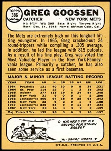 1968 Topps 386 Грег Гуссен Ню Йорк Метс (Бейзболна картичка) БИВШ Метс