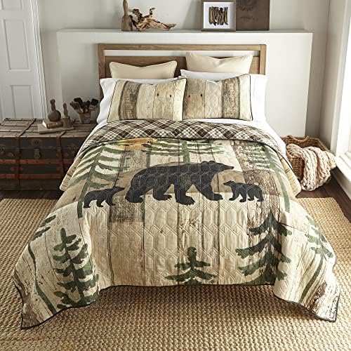 Стеганое одеяло Donna Sharp Full/Queen - Стеганое одеяло Bear Walk Plaid Lodge с изображение на мечка - Подходящ